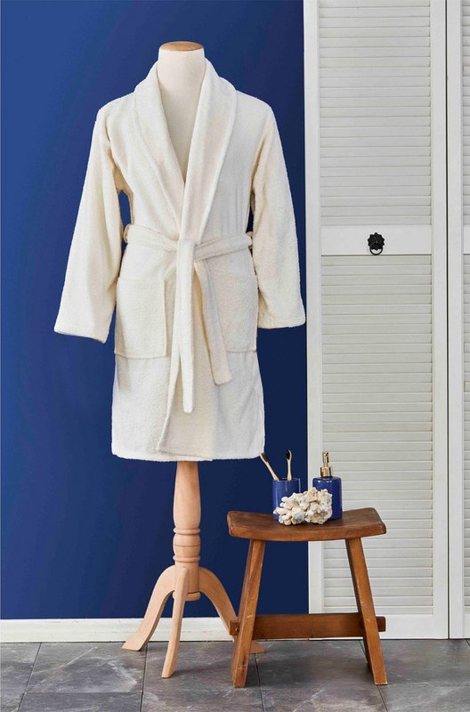 Μπουρνούζι Βαμβακερό Πετσετέ Με Γιακά Off White Small-Medium (Ύφασμα: Βαμβάκι 100%, Χρώμα: Λευκό, Μέγεθος: Small) - KOMVOS HOME - bathrobe-off white-s-m